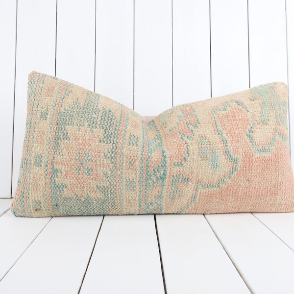 Vintage Turkish Kilim Lumbar Pillow Cover: 12x24 inch Decorative Throw Pillow