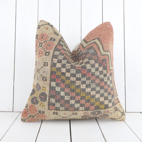 Housse de coussin vintage en kilim turc, accent bohème, 16 x 16