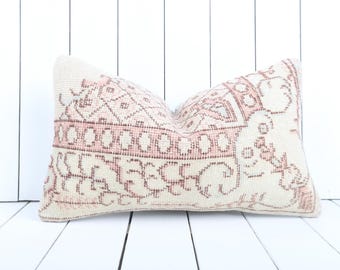 Turkish Lumbar Pillow, Throw Pillow, Natural Turkish Kilim Lumbar, 12x20 Anatolian Vintage Pillow, Kilim Lumbar Cover, Floor Cushion Cover