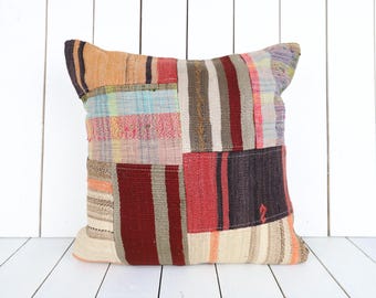 Fodera per cuscino Kilim turco vintage: cuscino boho in lana intrecciata a mano (18x18)
