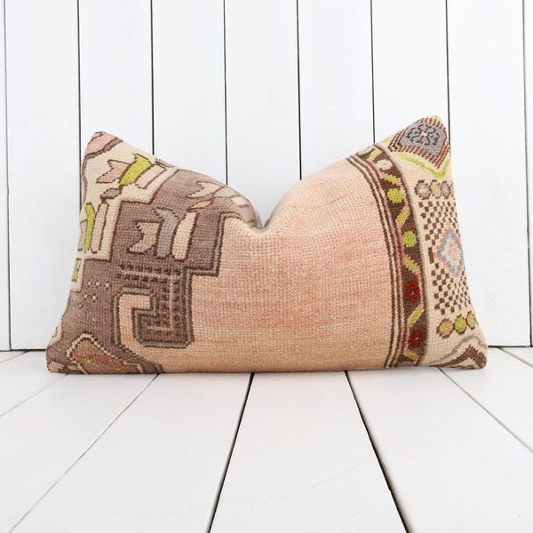 Handmade Wool Kilim Lumbar Pillow: Vintage Turkish Cushion Cover