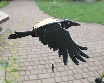 Flying Bird Decor with Moving Wings. Handmade Wooden Raven Mobile