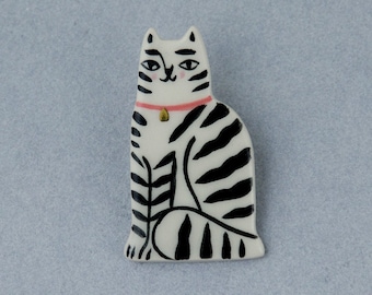 Tabby Cat Pin, Ceramic Pin Brooch, Unique Gift for Cat Lady