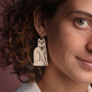 Cat Lady Jewelry, Cat Earrings, Handmade, Gold Decorated, Illustrated ceramic
