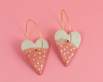 Heart Earrings, Pink Strawberry Dangle Earrings, Gold Decorated Ceramic Jewelry