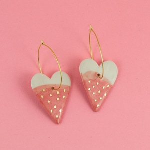 Heart Earrings, Pink Strawberry Dangle Earrings, Gold Decorated Ceramic Jewelry