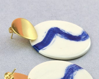 Blue and Gold Statement Earrings, Oversized, Contemporary Look, Handmade Ceramic Earrings, Summer Mood