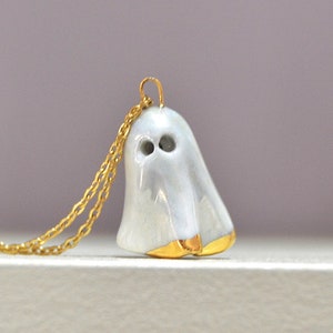 Cute Ghost Porcelain Pendant Necklace, Gold decorated