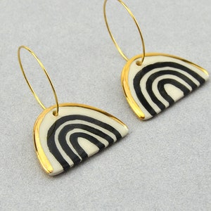 Rainbow Hoop Earrings, Black and White Ceramic Earrings, Gold Decorated / The Graphic Series