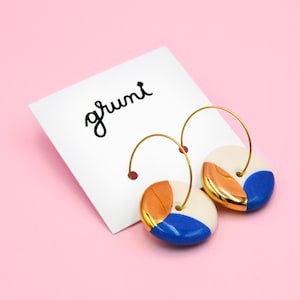 Ceramic circle earrings - blue, white and gold