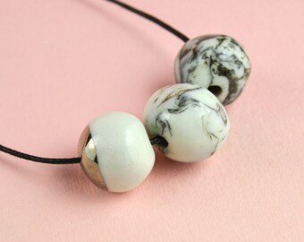 Marbled Porcelain Necklace Decorated with Platinum, Monochrome Designer Jewelry