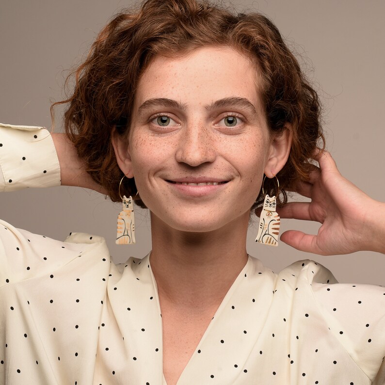 Ceramic Cat Earrings Tabby Cat With Gold or Platinum Stripes Etsy