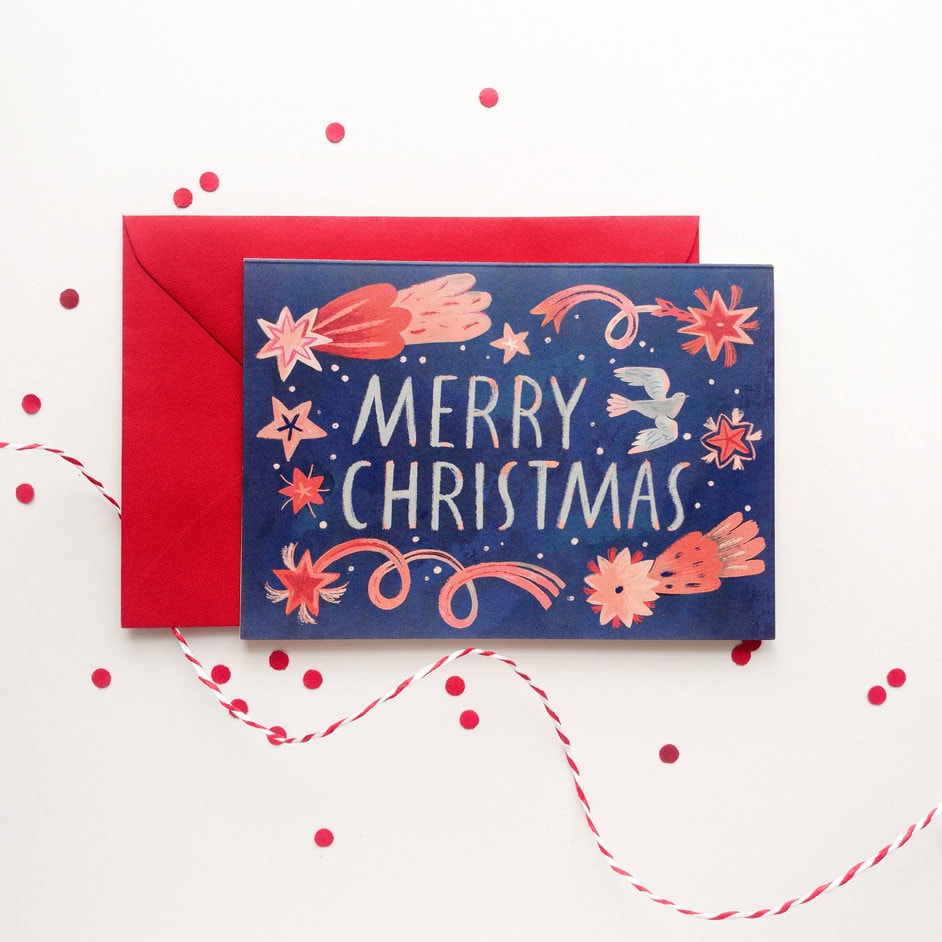 Merry Christmas Cards, Recycled Paper C6 Greeting Card, Illustrated Blank Card, Stars and Dove Card, Red and Blue Card