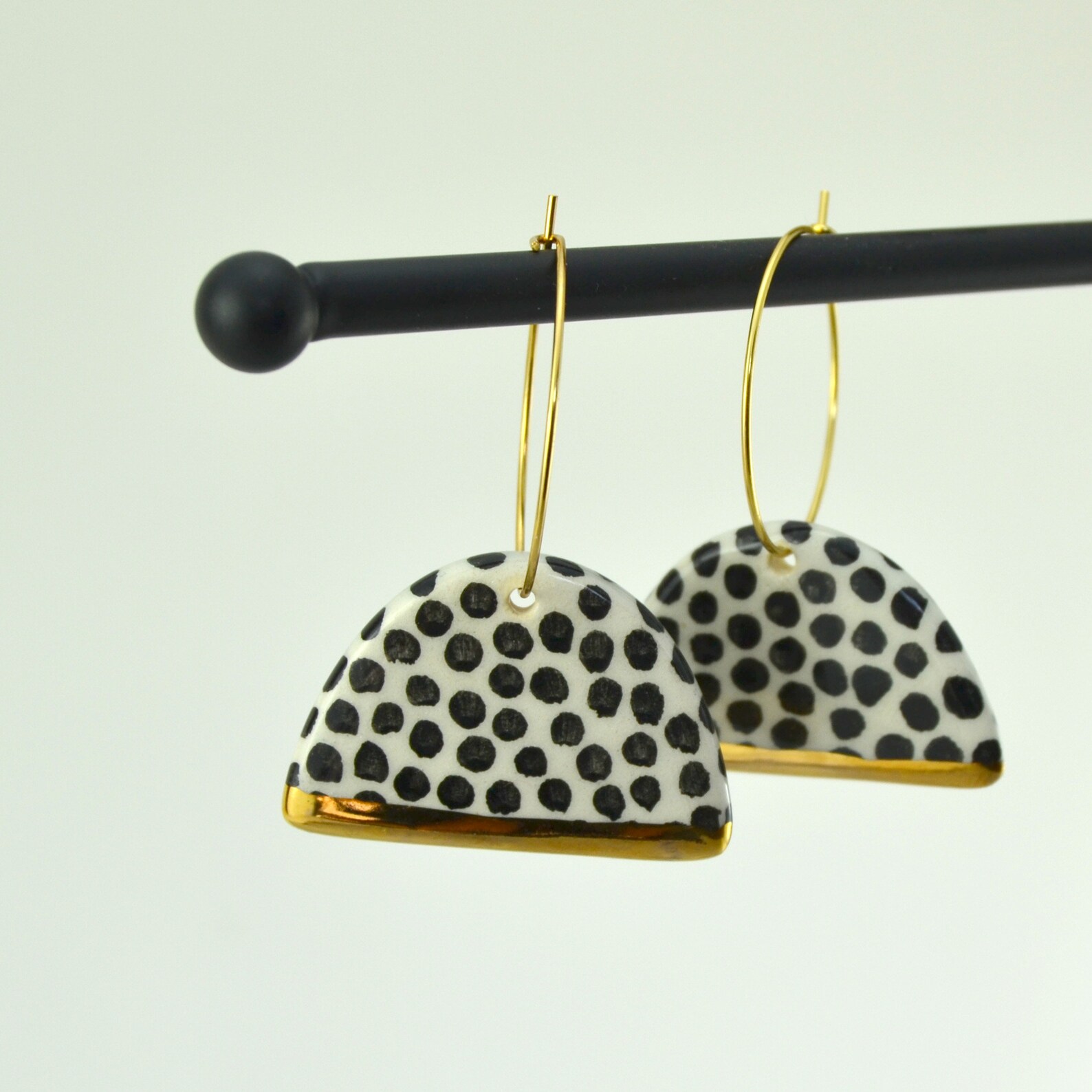 Hoop Earrings With Dots Black and White Ceramic Earrings Etsy