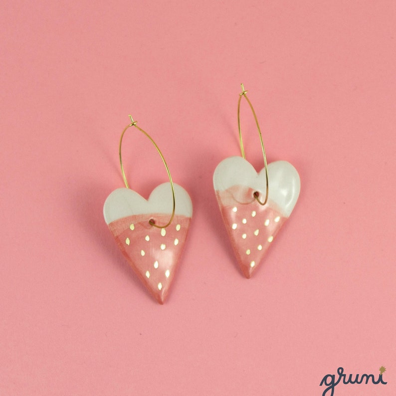 Gold Decorated Ceramic Strawberry Dangle Earrings Statement Earrings Handmade