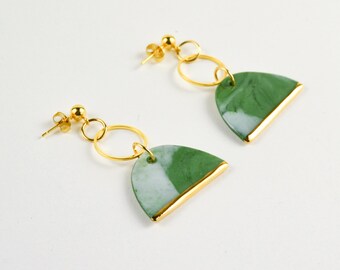 Green Marbled Porcelain Earrings, Statement Earrings, Marbled Geometrical Earrings, Geometric Jewelry