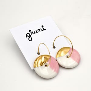 Ceramic Hoop Earrings, Pink & Real Gold Hand Painted Bead
