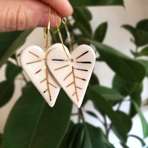 Leaf Ceramic Dangle Earrings, White and Gold with Stainless Steel Hoops, Handmade Contemporary Jewelry