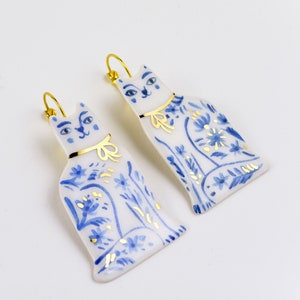 Blue Cat Earrings, Delft Blue Jewelry, Gift for Cat Lady