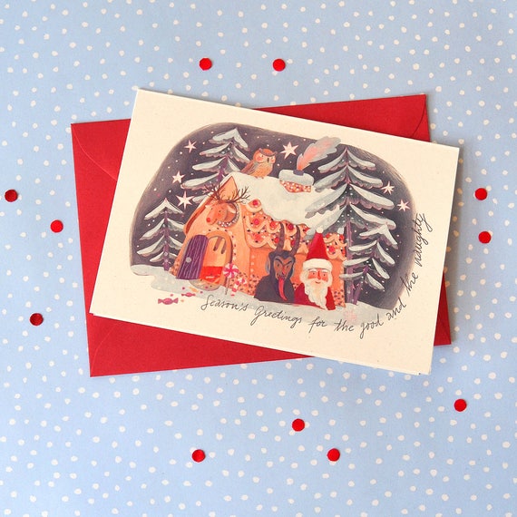 Krampus and Santa Christmas Cards, Pagan Greeting Card, Krampu Card, Vintage inspired, Merry Krampus