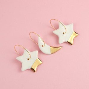 Mix and Match Earrings Set, Moon and Stars Ceramic and Gold, Hoop Earrings