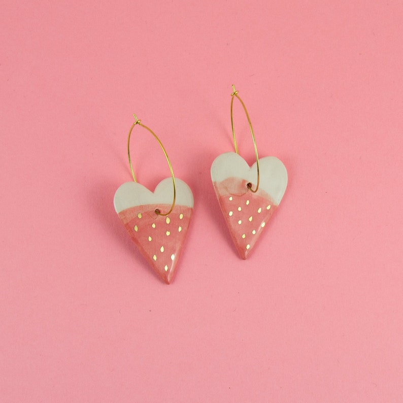 Gold Decorated Ceramic Strawberry Dangle Earrings Statement Earrings Handmade