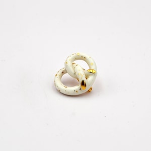 White Porcelain Pretzel Brooch, Handmade and Gold Decorated