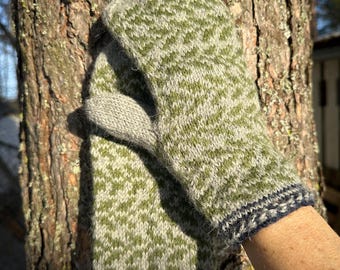 Hand knitted warm winter mittens in gray and green pure alpacka wool