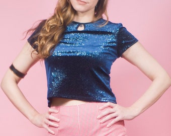 Vintage 90s Midnight Blue Sparkle Crop Top Key Hole Jewel Club Kid New Years Eve Metallic