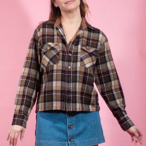 1970s Men's Store Plaid Flannel Top Brown and Tan Plaid Crop Flannel Shirt Grunge Menswear Button Up image 1