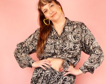 Paisley Genie Pant Two Piece Suit 80s 90s Vintage David Benjamin Psychedelic High Waist Button Down Blouse