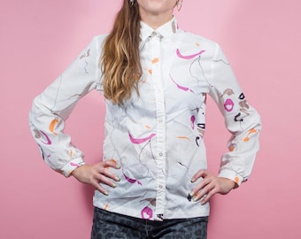 Vintage 60 abstract Avant Garde Squiggle impresión blusa Arte Miro psicodélico Top Botón Up Nerd Camisa Multicolor Blusa