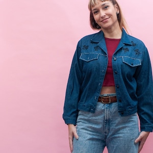 Vintage 1970 Jean Jacket Rose design Rhinestone detail Denim Coat 80s 70s Cute Sweet Comfy image 1