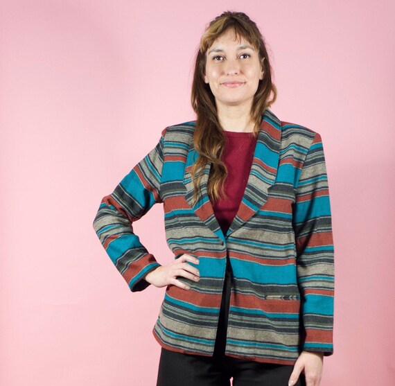 Vintage 90s Navajo Stripe Blazer Striped Jacket - image 3