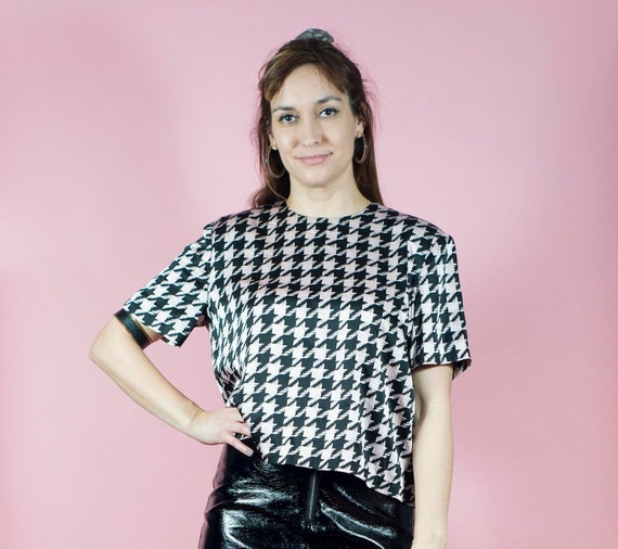 Vintage 80s Pink Hounds tooth Crop Top Blouse Sec… - image 3