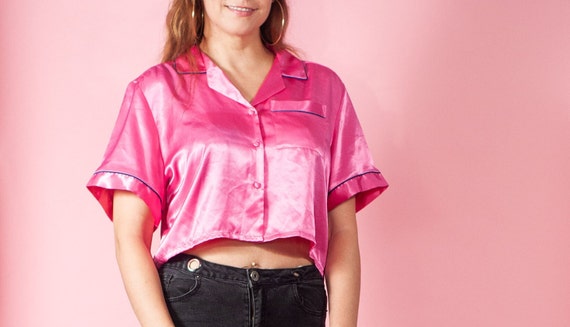 Vintage Hot Pink Satin Pajama Crop Top 80s 90s Mi… - image 2