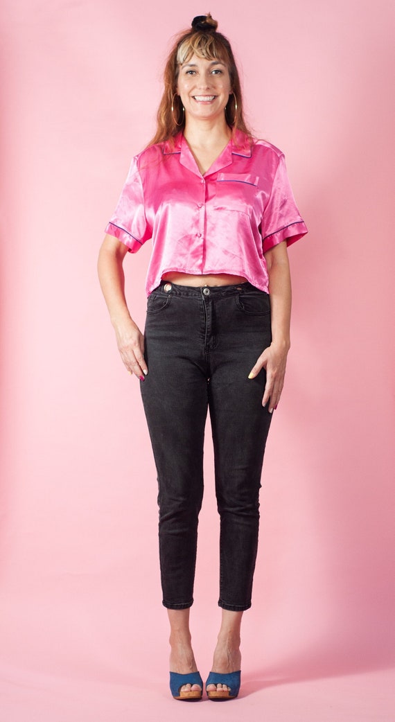 Vintage Hot Pink Satin Pajama Crop Top 80s 90s Mi… - image 1