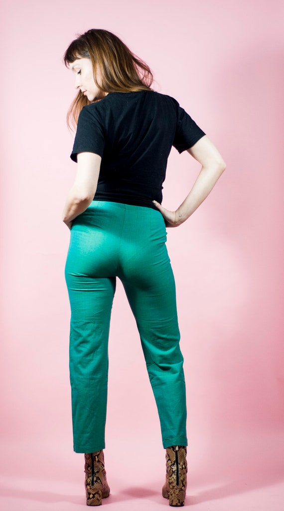Vintage Green Yellow Linen Pants High Waist 60s 7… - image 5