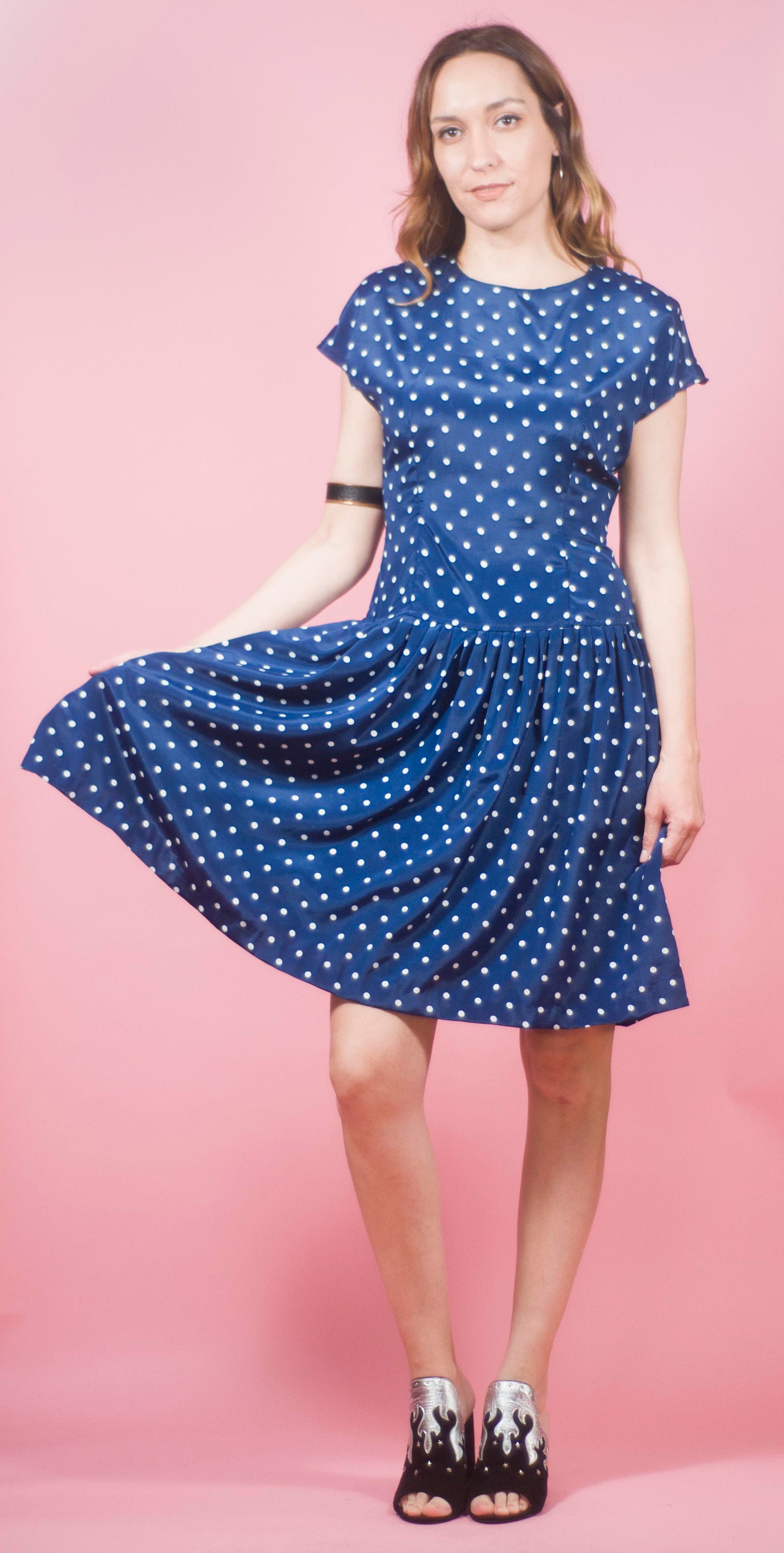 Vintage Dress Navy Polka Dot Mini Dress Flutter Skirt Party - Etsy