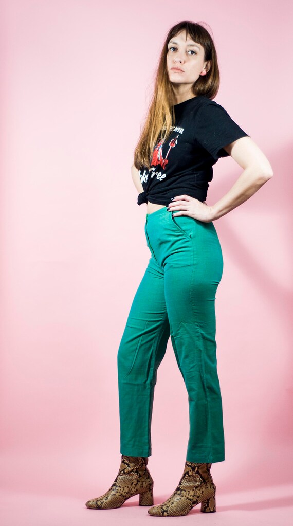 Vintage Green Yellow Linen Pants High Waist 60s 70s Slacks 