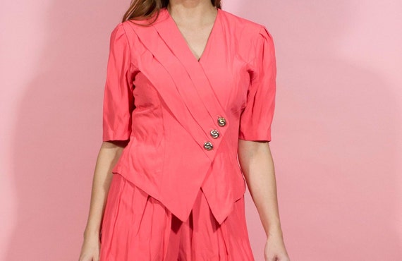 Hot Pink Two Piece Suit Vintage 80s Cullotte Set … - image 6