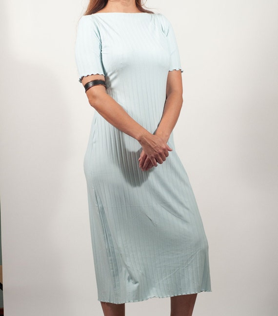 Vintage 90s Dress Y2K Icy Baby Blue Ribbed Maxi S… - image 2