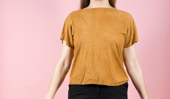 Vintage 70s 80s Suede Short Sleeve Blouse Boho Av… - image 5