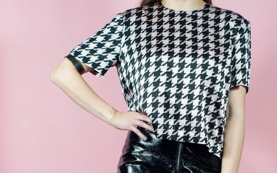 Vintage 80s Pink Hounds tooth Crop Top Blouse Sec… - image 5