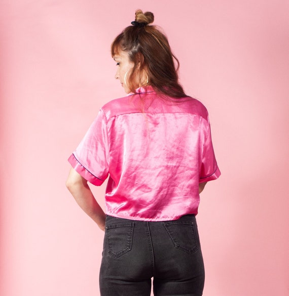 Vintage Hot Pink Satin Pajama Crop Top 80s 90s Mi… - image 5