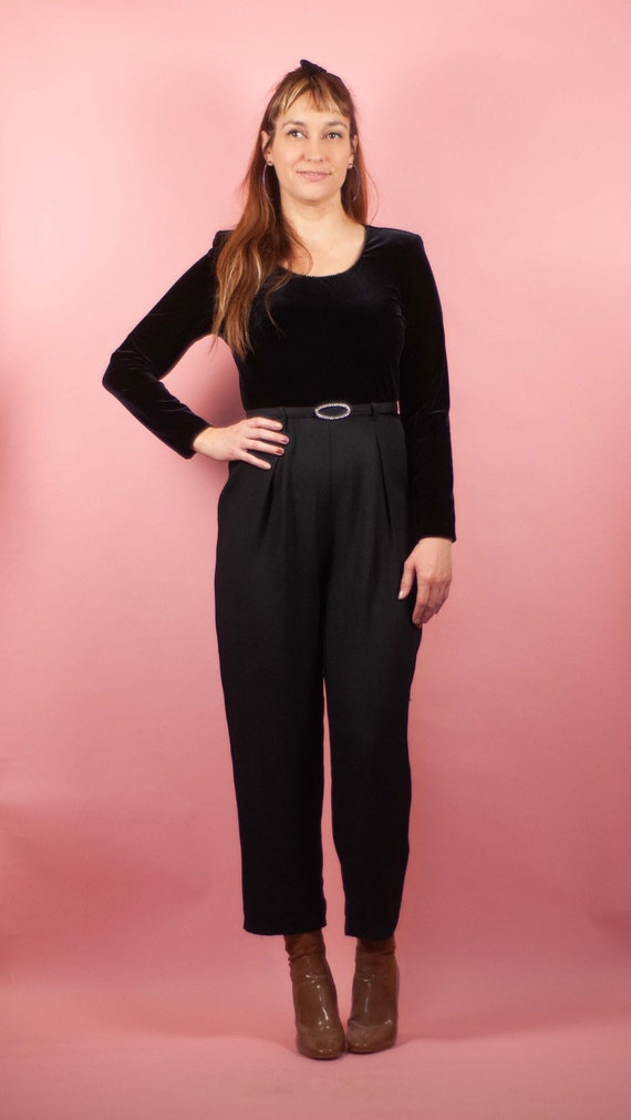 Vintage 1990 80s Black Velvet Rhinestone Jumpsuit… - image 1