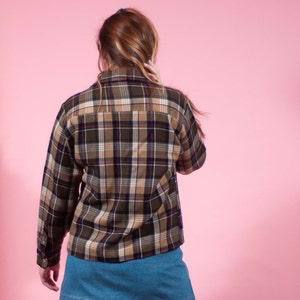 1970s Men's Store Plaid Flannel Top Brown and Tan Plaid Crop Flannel Shirt Grunge Menswear Button Up image 5