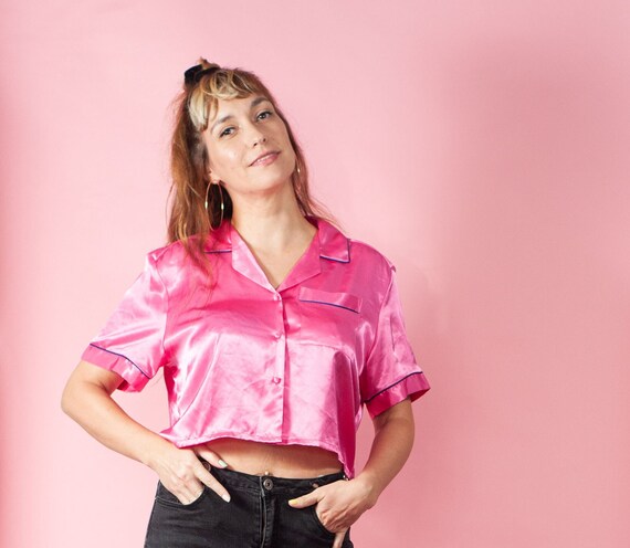 Vintage Hot Pink Satin Pajama Crop Top 80s 90s Mi… - image 3