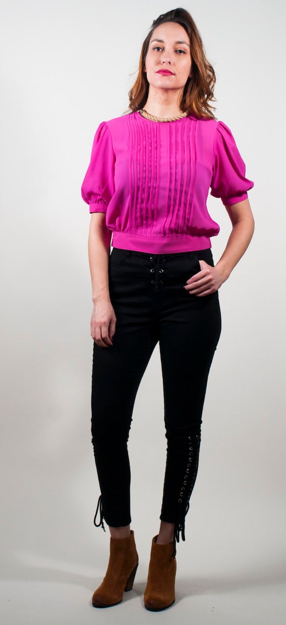 Vintage 80s Hot Pink Sheer Crop Top Short Shirt Pl