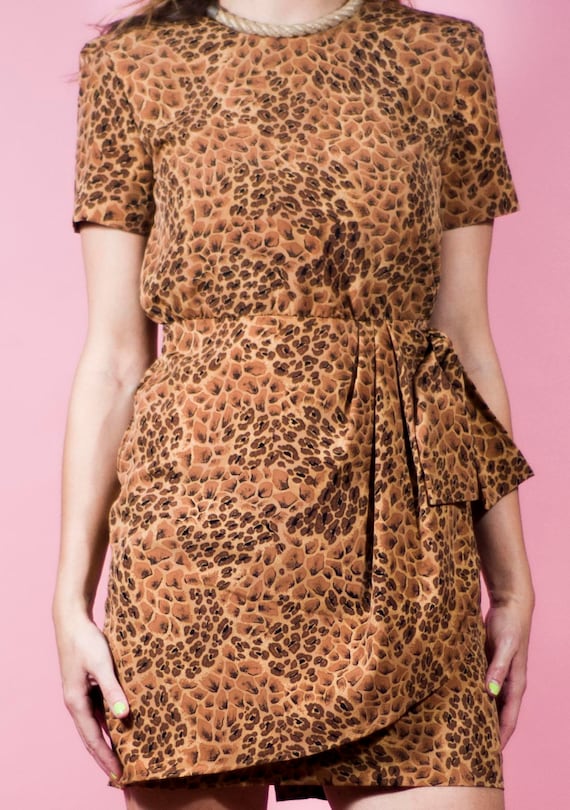 Vintage 80s 90s Leopard Giraffe Mini Dress Animal… - image 2